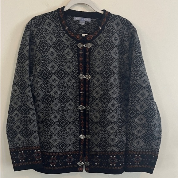 Vintage Carroll Reed Fair Isle Frog Clasp Cardigan Sweater Wool Cabin Ski Cozy L - Picture 1 of 4